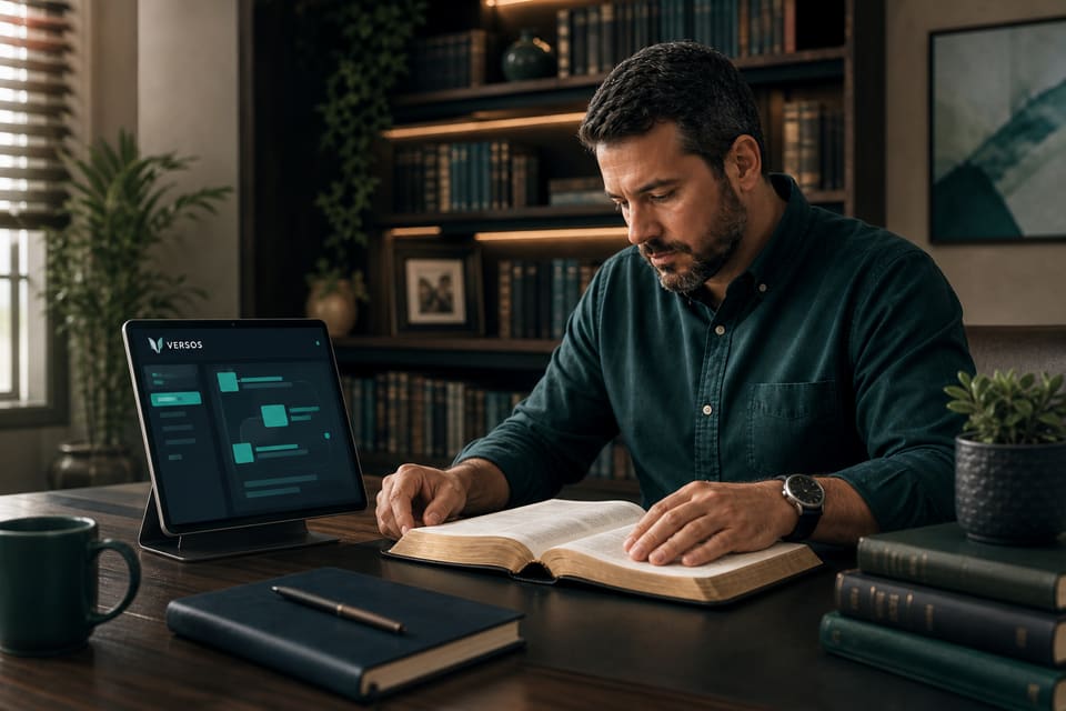 Pastor comprendiendo el texto bíblico con VERSOS en un iPad a su lado