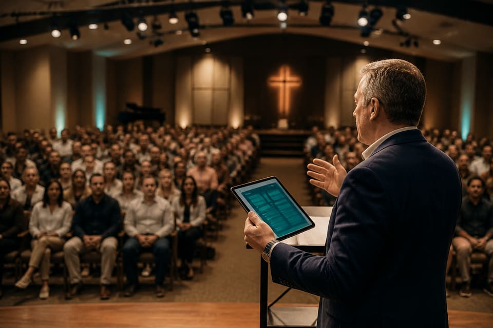 Pastor predicando con apoyo del modo púlpito de VERSOS