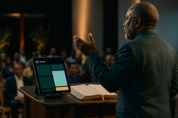 Pastor predicando con ayuda de una tableta en el púlpito