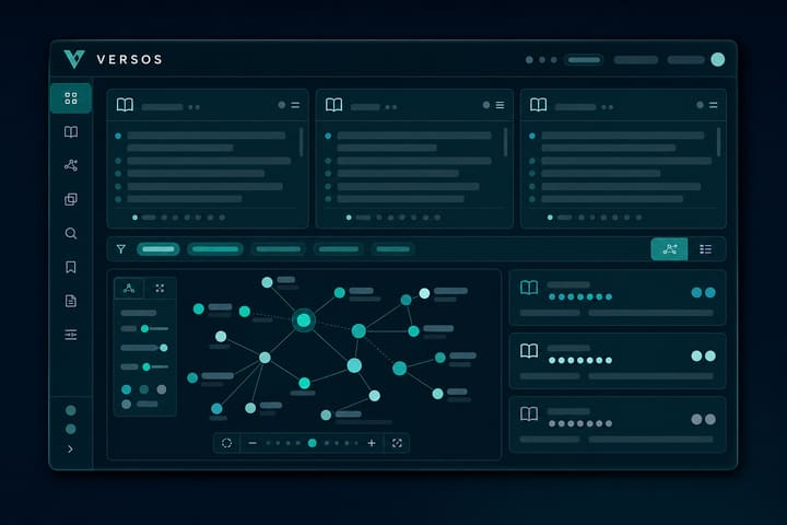 Investigadora estudiando la Biblia, un mapa histórico y una interfaz digital